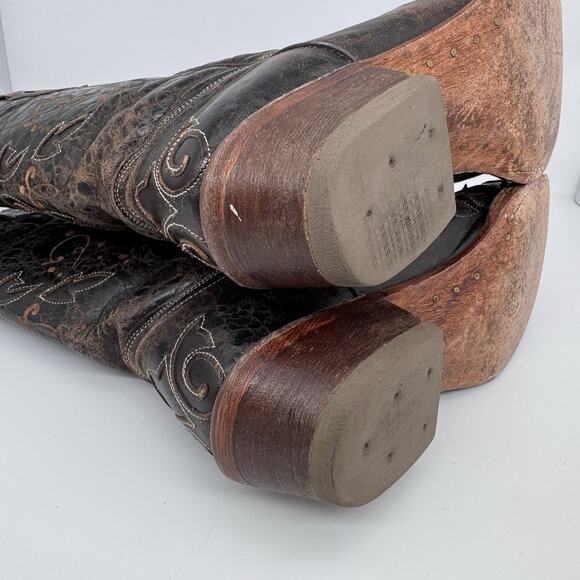 Pecos Bill Women Boot Size 8 Dark Mocha Inlay Distressed Leather Cowgirl Western - Picture 12 of 14